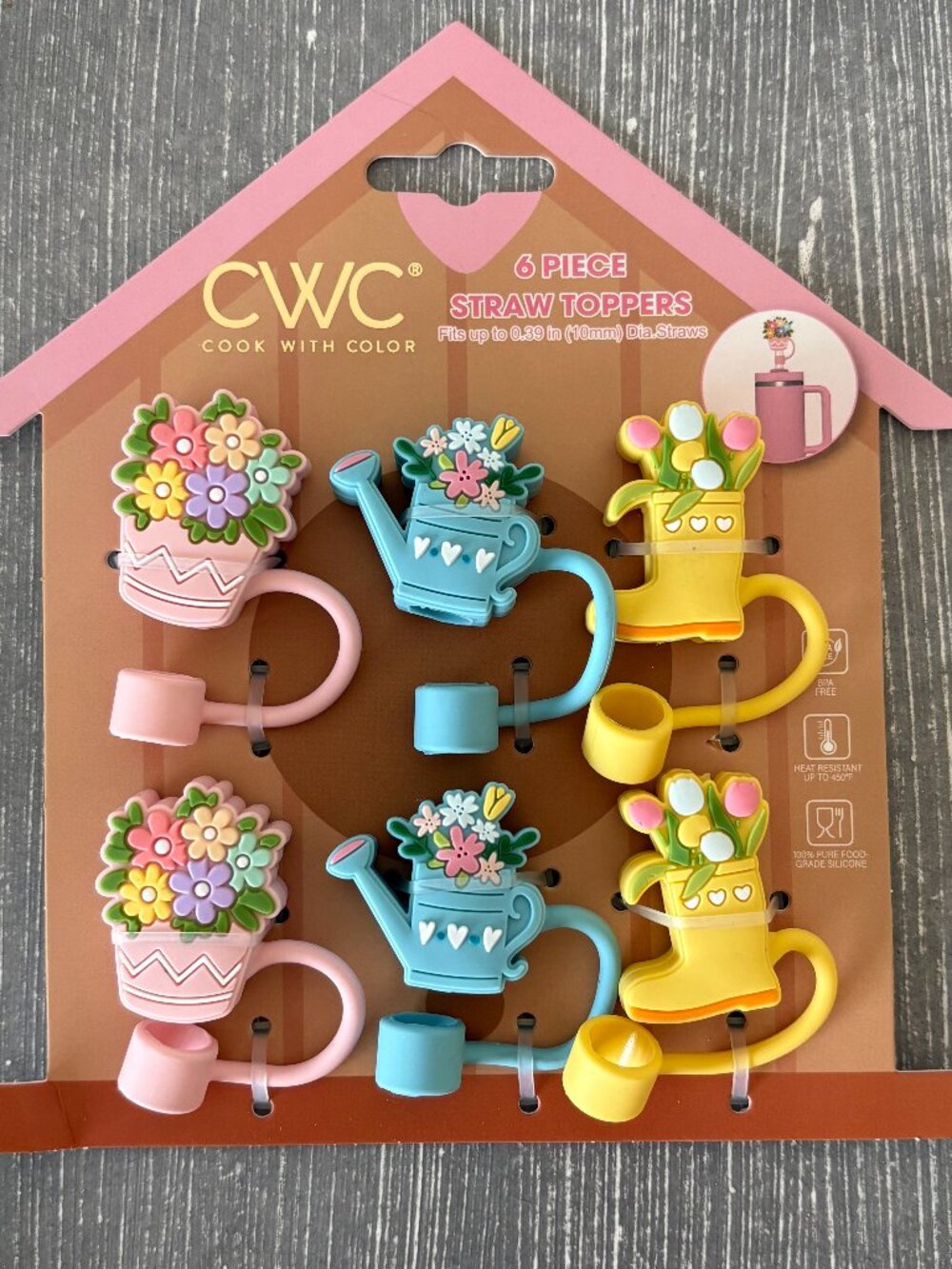 NWT - CWC Cook With Color 6 pc Floral Bouquet Straw Toppers